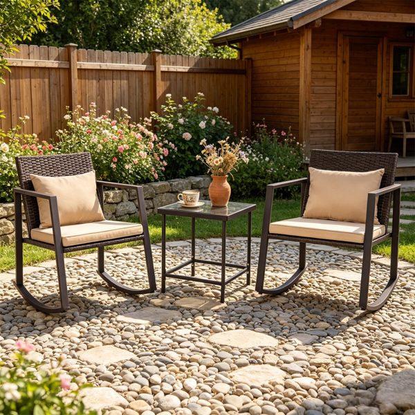 3-Piece Outdoor Wicker Rocking Chair Set, Patio Conversation Furniture with Tempered Glass Side Table & Washable Cushions for Garden Backyard Poolside - Brown