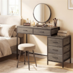 5 Drawer Computer Desk with Reversible Drawers & Printer Shelf, Industrial Home Office Writing Desk with Metal Frame - Oak - Image 11