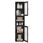 67" Tall Slim Bathroom Storage Cabinet with Fluted Doors, Adjustable Shelf Freestanding Narrow Organizer - Black - Image 4