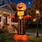 12ft Inflatable Halloween Decor with Skeleton Ribs, Pumpkin & Grim Reaper, 3 LED Lights + 115 Count String Lights, Black & Orange, 12V 2000mA US Power Adapter - Image 12
