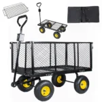 3-in-1 Oversized Steel Garden Cart , 880lbs Pullable Mesh Metal Garden Cart, All-Terrain Utility Cart with Removable Liner & Side Panels & Mesh Tray for Outdoor Lawn, Patio and Landscaping, Black - Image 12
