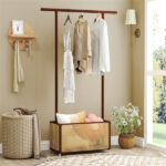 2-in-1 Bamboo Clothing Rack with Rolling Wheels & 60L Storage Basket - Brown - Image 9