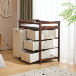 Brown painted pine wood frame children's bed with removable top, 87*53*87.5cm, includes 3 fabric drawers and 1 fabric bag, and a changing table - Image 29