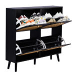 2 rows of 4 dump buckets with high-leg arched rattan shoe cabinet particle board + plastic rattan 105*24*98cm black frame + original wood rattan surface + black high-leg shoe cabinet - Image 2