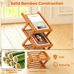  Foldable Bamboo Magazine Rack Brochure Display Stand with 5 Storage Pockets, 2 Adjustable Heights Pop-Up Design Anti-Slip Foot Pads Freestanding Floor Literature Holder Walnut Finish - Image 9