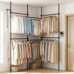 No Drill Floor to Ceiling Tension Clothes Rack, Heavy Duty Carbon Steel Garment Organizer with 4 Vertical Rods 6 Telescopic Hanging Bars, I/L/45° Corner Install Closet System with Drying Rack & Reacher Pole Black - Image 7