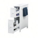 White Slim Bathroom Cabinet Freestanding Storage with Toilet Paper Holder 2 Drawers Side Towel Rack Wheels 7x20.5x24.75 Inches - Image 2