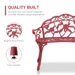 Outdoor Cast Aluminum Patio Bench, Porch Bench Chair with Curved Legs Rose Pattern, Red - Image 9