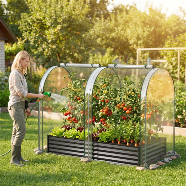 3-in-1 Raised Garden Bed with Greenhouse Cover 130 Gal Galvanized Metal Planter Box - Black