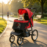 Red 3-Wheel Pet Stroller – for Small & Medium Dogs, Adjustable Canopy, Safety Tether, Storage Basket - Image 4