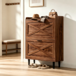 2-Drawer Top Enclosure Barn Door Shoe Cabinet Melamine Board Embossed MDF Shoe Cabinet 31.61*9.45*39.37in Walnut - Image 10