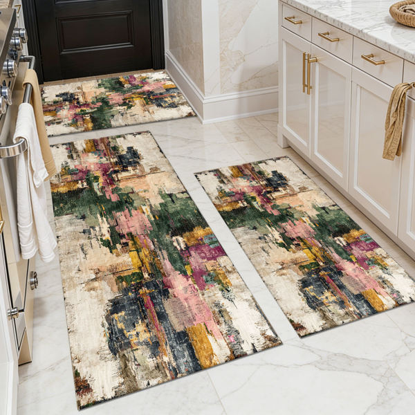 Three-piece kitchen rug set, non-slip and washable, abstract pattern kitchen hallway rug, soft and comfortable, suitable for sinks, floors, entrances, hallways and bathrooms.