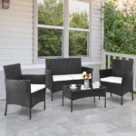 2pcs Arm Chairs 1pc Love Seat & Tempered Glass Coffee Table Rattan Sofa Set Black - Image 48