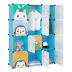 4-Layer 12-Grid 2-Hanging Rod Magic Cube Wardrobe, Plastic + Steel Wire Material with Animal Pattern, Pattern Door Blue Cabinet - Image 14