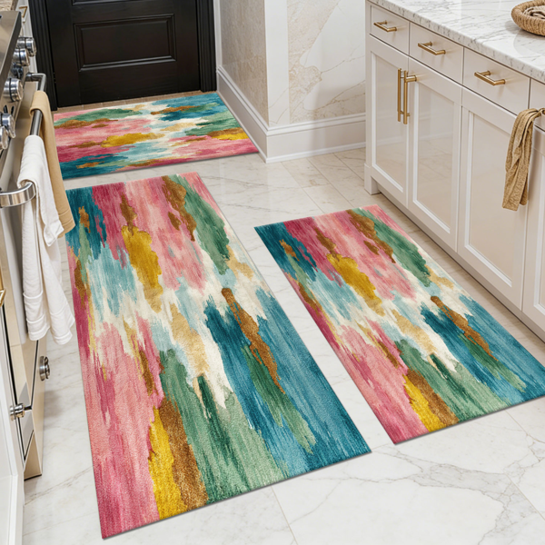 Three-piece kitchen rug set, non-slip and washable, abstract pattern kitchen hallway rug, soft and comfortable, suitable for sinks, floors, entrances, hallways and bathrooms.