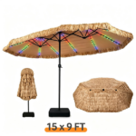 15 x 9 FT Double-Sided Solar LED Patio Umbrella, 144 LEDs 12 Modes Outdoor Thatch Umbrella with Type-C Charging & Weighted Base - Image 3