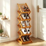  Foldable Bamboo Magazine Rack Brochure Display Stand with 5 Storage Pockets, 2 Adjustable Heights Pop-Up Design Anti-Slip Foot Pads Freestanding Floor Literature Holder Walnut Finish - Image 7