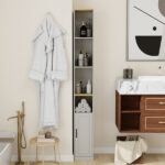 72" Tall Slim Storage Cabinet, 6-Tier Narrow Freestanding Bathroom Cabinet with 1 Door and 2 Adjustable Shelves, Bookcase Display Storage Shelves, Cube CD DVD Storage Cabinet-Antique White - Image 5