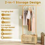2-in-1 Bamboo Clothing Rack with Rolling Wheels & 60L Storage Basket - Image 8