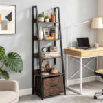 5-Tier Ladder Shelf with Fabric Drawer, Narrow Industrial Bookshelf with Anti-Tip Device & Back Baffle, Wooden Metal Storage Rack for Home Office - Rustic Brown - Image 8