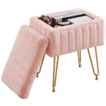 Square Ottoman with Storage, Makeup Cute Soft Small Footstool, Modern Style Faux Fur Seat with 4 Metal Legs & Adjustable Feet for Dressing, Living Room Bedroom Dorm, Pink - Image 5