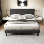 Dark Gray Queen Size Tufted Platform Bed Frame - Linen-Like Upholstery, Horizontal Stripe Headboard