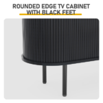 Black Embossed Particle Board TV Stand, Oval Tabletop 147×35×58cm, Entertainment Center with Slatted Sliding Doors, Modern Media Console Cabinet for Living Room - Image 8