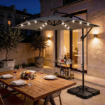 10FT Round Banana Hanging Patio Umbrella with 18 LED Lights, 6 Iron Ribs, Iron Straight & Curved Pole, Waterproof Polyester Canopy, with Stand Sleeve and Cross Base, Gray - Image 31