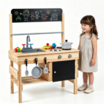 Natural Fir Wood Kids Outdoor Mud Kitchen Playset with Stainless Steel Sink & Stoves, Pretend Play Cooking Toy with Storage Hooks for Toddlers 3+