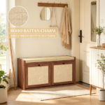 Brown Entryway Shoe Storage Bench – Padded Seat with 2 Rattan Doors for Hidden Shoe Storage - Image 5