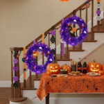 24in Pre-lit Halloween-Themed Christmas Wreath, Lighted Artificial Xmas Wreath with 50 Purple & Orange Lights and 100 PVC Tips and DIY Ball Ornaments, for Front Door Gate Wall Xmas Party Decorations - Image 7