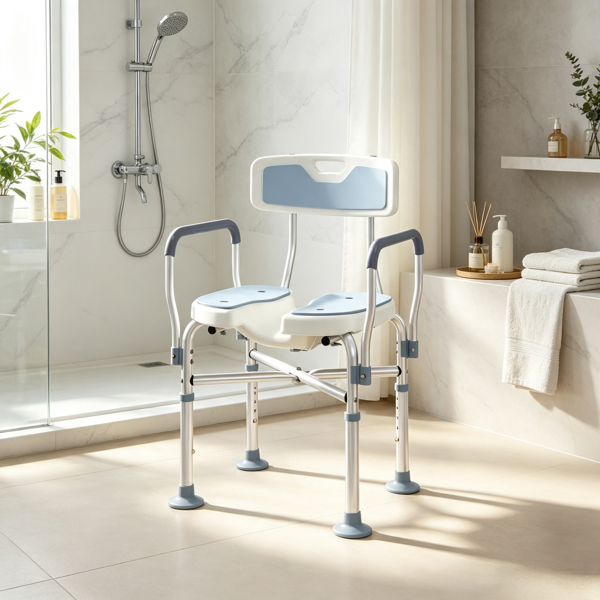 Light Blue Padded Bath Seat – Height Adjustable Anti-slip Shower Chair with Arms and Back