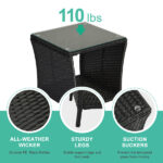 Outdoor Patio Wicker Side Table, Square End Table Bistro Coffee Table with Glass Top Storage Shelf for Porch Garden Backyard Black - Image 3