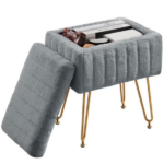 Square Ottoman with Storage, Makeup Cute Soft Small Footstool, Modern Style Faux Fur Seat with 4 Metal Legs & Adjustable Feet for Dressing, Living Room Bedroom Dorm, Gray - Image 3
