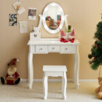 Kids Vanity Set with Mirror and Lights and Stool, 5 Storage Drawers, Pretend Play Princess Makeup Desk Dressing Table and Stool Set for Little Girls Age 3+, Macaroon White