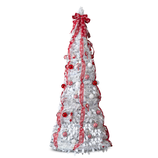 7 FT Fully Decorated Pre-lit Christmas Tree, Pop Up Artificial Xmas Tree with 170 Warm Lights and Red Ornaments for Home Office Store Holiday Deco, White