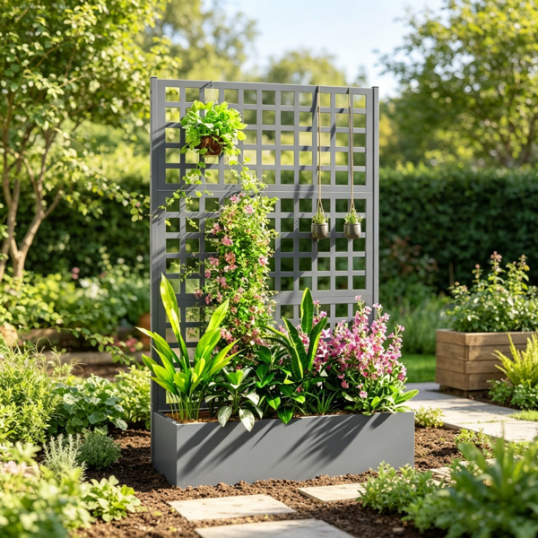 ac31e8e0-f45f-4bd2-88dc-7c877bd08fbc.png 43" x 16" x 70" Gray Metal Raised Garden Bed – Galvanized Planter Box with Trellis for Garden - Image 1