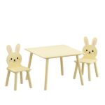 Kids Table and Chair Set with 2 Bunny Chairs, Children's Wooden Activity Table for Toddlers, Cute Animal Design Study Play Set for Playroom, Bedroom, Classroom - Cream Yellow - Image 14