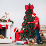 7.5 FT Artificial Christmas Tree with DIY 300 Warm White LED Lights, Hinged Xmas Pine Tree with Giant Bowknot and Red Ball Ornaments for Holiday Party Office Home, Dark Green Tree & Red Decor - Image 4