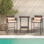 Outdoor 3 Piece Patio Bar Set, Bar Height Bistro Table Set for 2 People, High Top Wicker Bar Stools and Table Outdoor Bar Set with Cushions and Pillows, Brown Gradient Rattan & Beige Cushion - Image 11