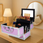 SM-2176 Aluminum Makeup Train Case Jewelry Box Cosmetic Organizer with Mirror 9"x6"x6" Pink - Image 2