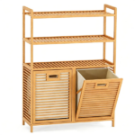 Natural Bamboo Tilt Out Laundry Hamper Cabinet with 2 Removable 7 Gallon Fabric Baskets, Open Storage Shelves Ventilated Slatted Design Anti-Tip Laundry Sorter for Bathroom Bedroom Laundry Room - Image 2