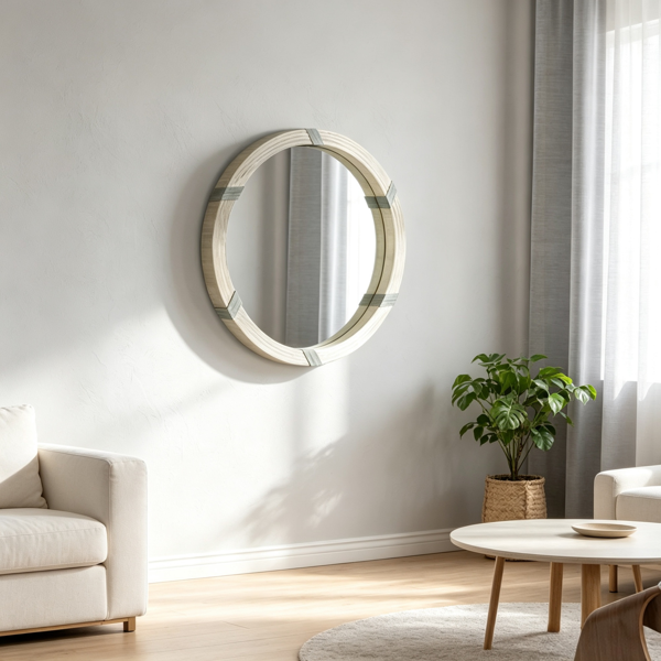 30.75" Natural Wood Round Mirror – Farmhouse Wall Decor, Suitable for Living Room and Bedroom Wall Decoration