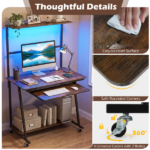 Mobile Rolling Computer Desk with RGB LED Lights & Built-in Charging Station, Multi-Tier Storage Workstation with Keyboard Tray - Image 8