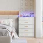Particleboard Wood Three Drawers With LED Light Bedside Table Dresser Nightstand White - Image 8