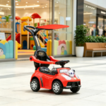 Red 3 in 1 Kids Push & Sliding Car: with Removable Handle, Music, Horn, Canopy & Safety Guardrail for Toddlers