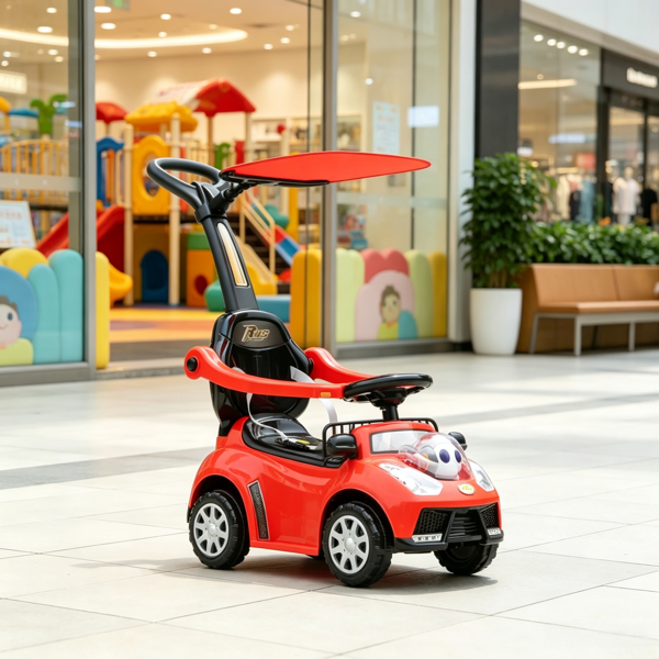 Red 3 in 1 Kids Push & Sliding Car: with Removable Handle, Music, Horn, Canopy & Safety Guardrail for Toddlers