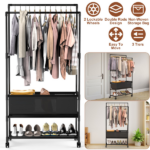 3 Tiered Portable Clothing Rack For Bedroom Entryway Double Hanging Rods Sturdy Iron Garment Rack With Double Height Rods Adjustable Storage Bag Lockable Universal Wheels Easy Assembly - Image 11