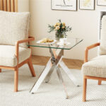 20" x 20" x 22.5" Glass Side Table, Silver Tempered Glass End Table with Intersecting Metal Base - Image 3