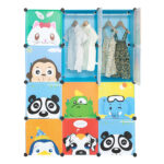 4-Layer 12-Grid 2-Hanging Rod Magic Cube Wardrobe, Plastic + Steel Wire Material with Animal Pattern, Pattern Door Blue Cabinet - Image 16